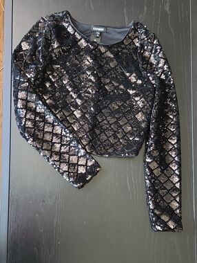 Express Black Sequin Cropped Long Sleeve Top